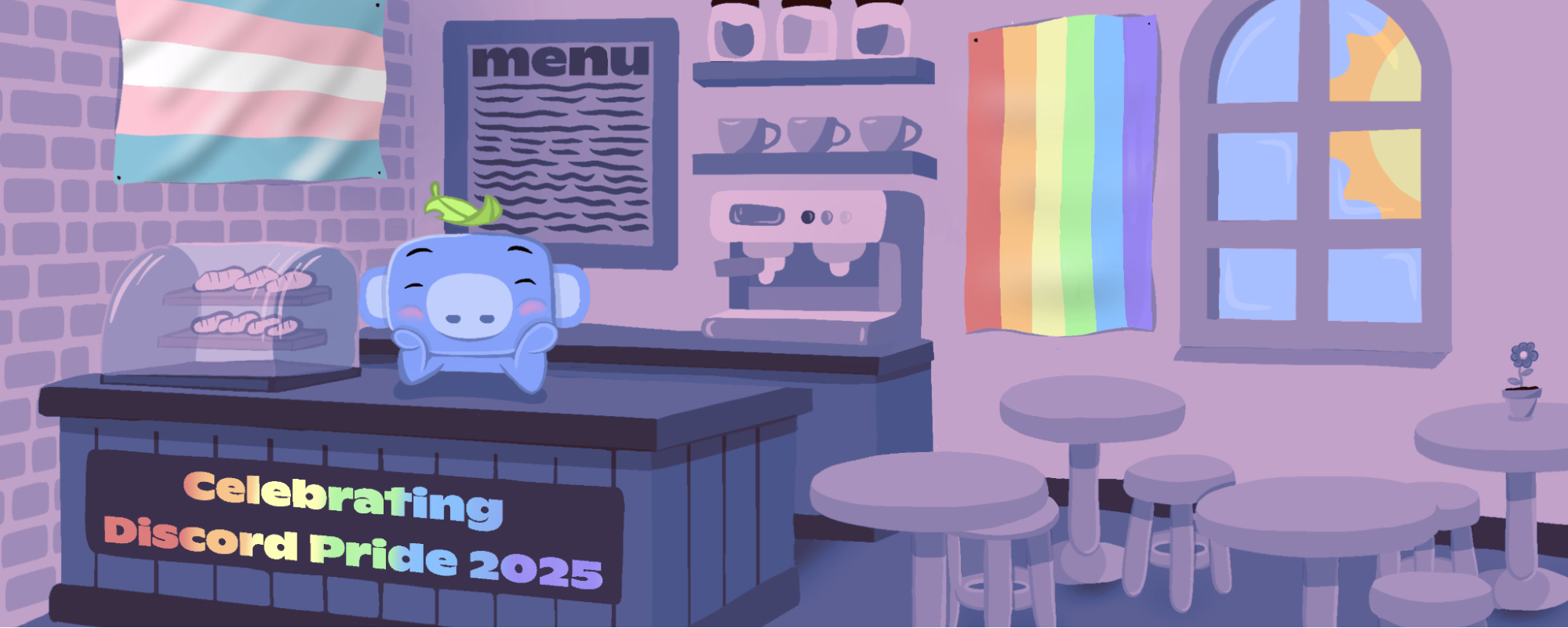 Wumpus working at a cozy coffee shop. The cafe signage reads: "Celebrating Discord Pride 2025." There are trans pride and rainbow pride flags hanging along the walls.