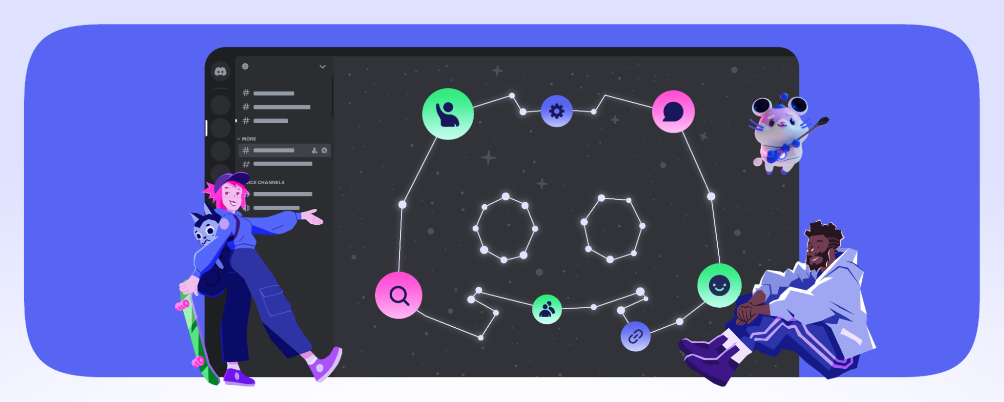 A constellation of new features and upgrades to the desktop app. Three friends are hanging out beside it.